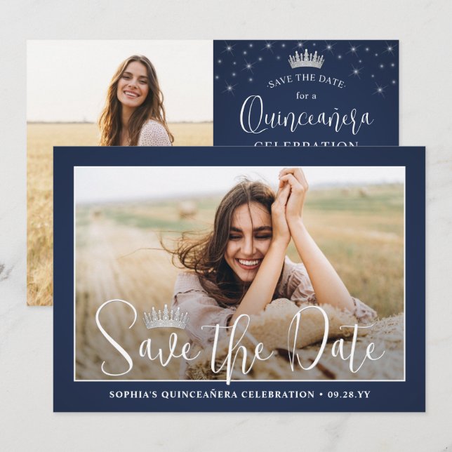 Save The Date Elegant Sparkles Quinceañera 2 Photo Navy Blue (Devant / Derrière)