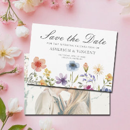 Save The Date Elegant Spring Wildflowers with Photo Back