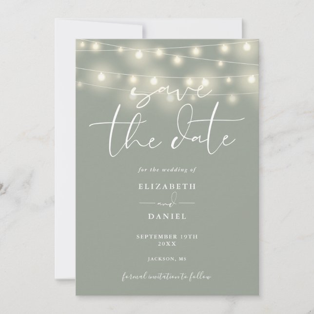 Save The Date Elegant String Lights Sage Green QR Code Wedding (Devant)
