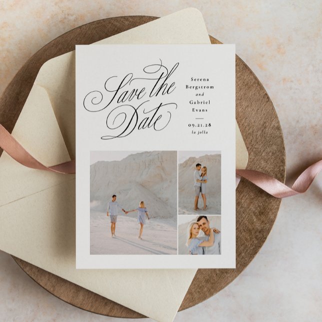 Save The Date Elegant three photo black and white wedding (Créateur téléchargé)