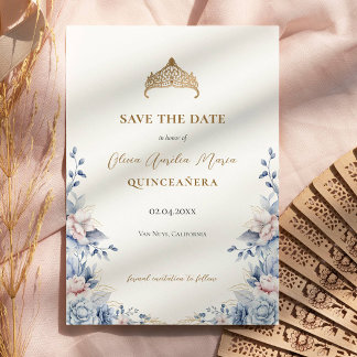 Save The Date Elégant Tiara Floral Quinceañera Photo