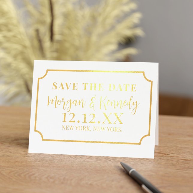 Save The Date Elegant Ticket Frame Gold Foil Card (A gold foil ticket framed Save the Date card. Just add your details!)