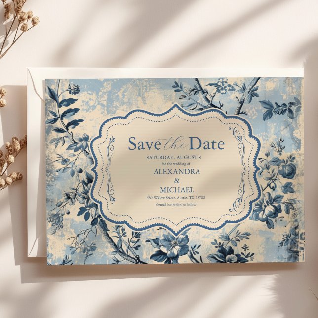 Save The Date Elégant Toile Bleue De Jouy Mariage (Créateur téléchargé)