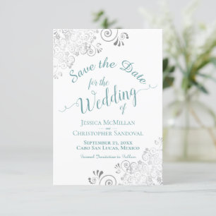 Save The Date Élégant tourbillon argenté Turquoise sur Mariage b