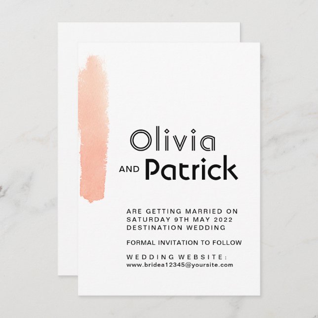 Save The Date Élégant trait de brosse rose. Mariage simple moder (Devant / Derrière)