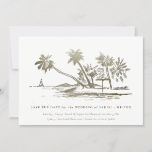 Save The Date Elégant Tropical Beach Palm Tree croquis Or pâle