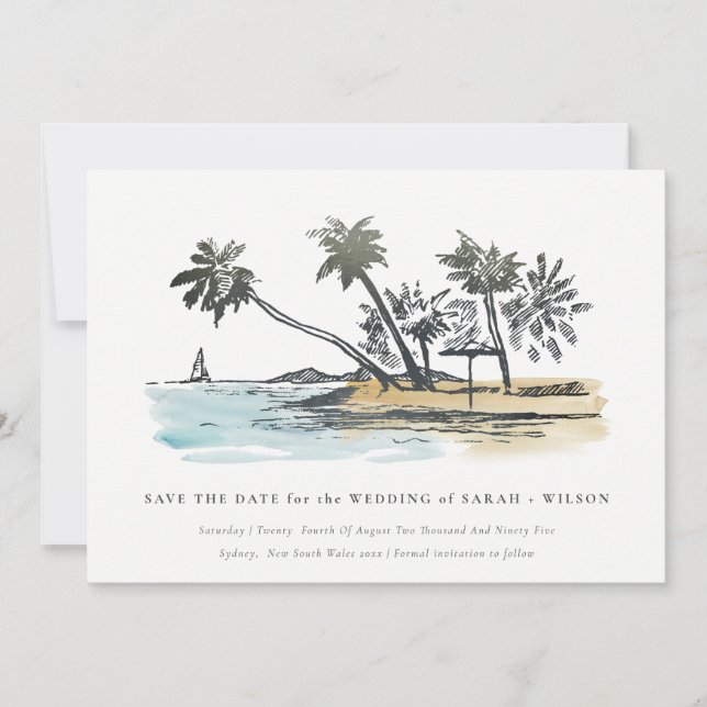 Save The Date Elégant Tropical Beach Palm Tree Sketch Aquarelle (Devant)