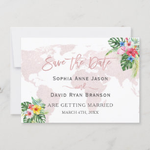Save The Date Élégant Tropical Floral Gold World Map Mariage