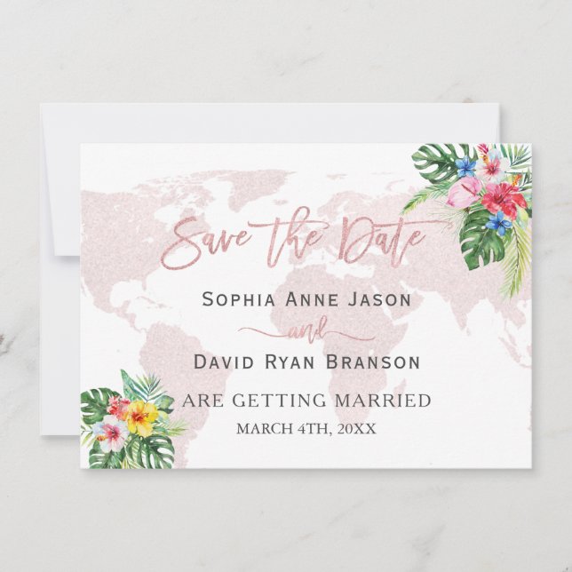 Save The Date Élégant Tropical Floral Gold World Map Mariage (Devant)