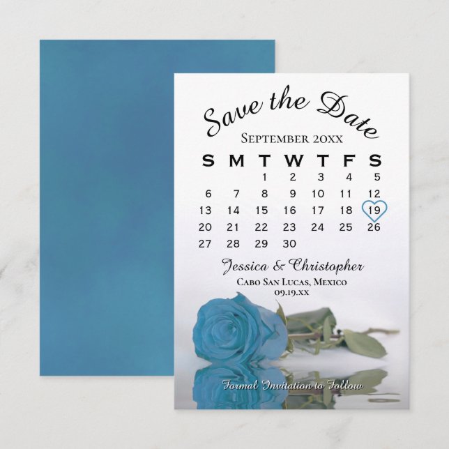 Save The Date Élégant Turquoise Blue Rose Calendrier Mariage (Devant / Derrière)