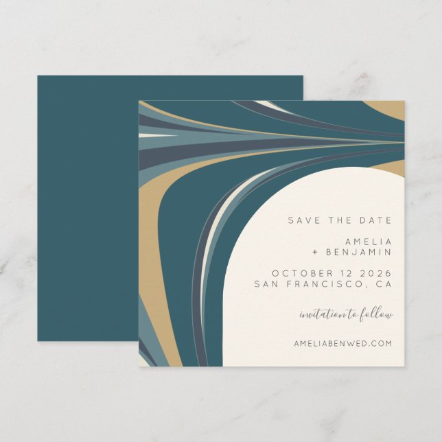 Save The Date Élégant Turquoise Emerald Gold moderne Carré (Devant / Derrière)