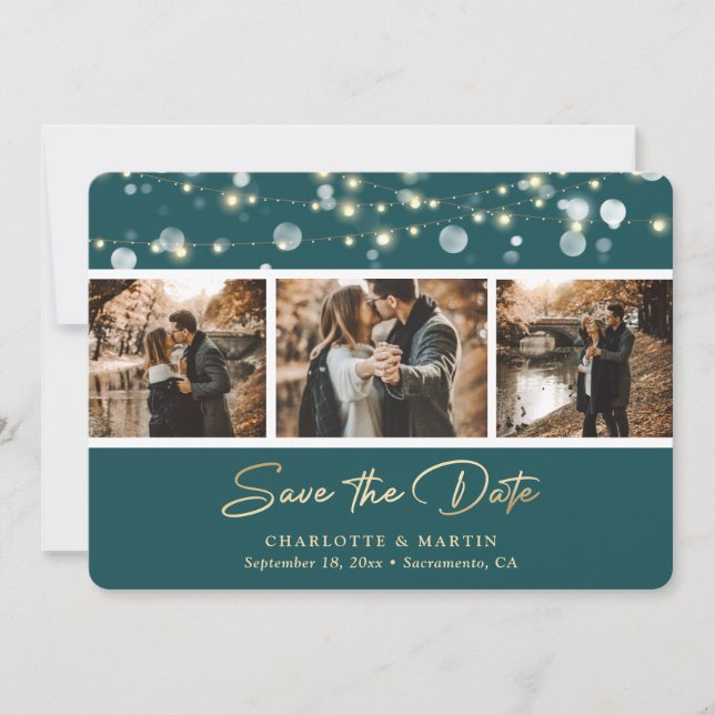 Save The Date Élégant Turquoise et Mariage d'or Photo Enregistre (Devant)