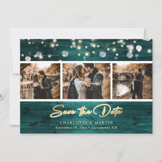 Save The Date Elégant Turquoise Gold Foil Mariage en bois 3 Phot (Devant)