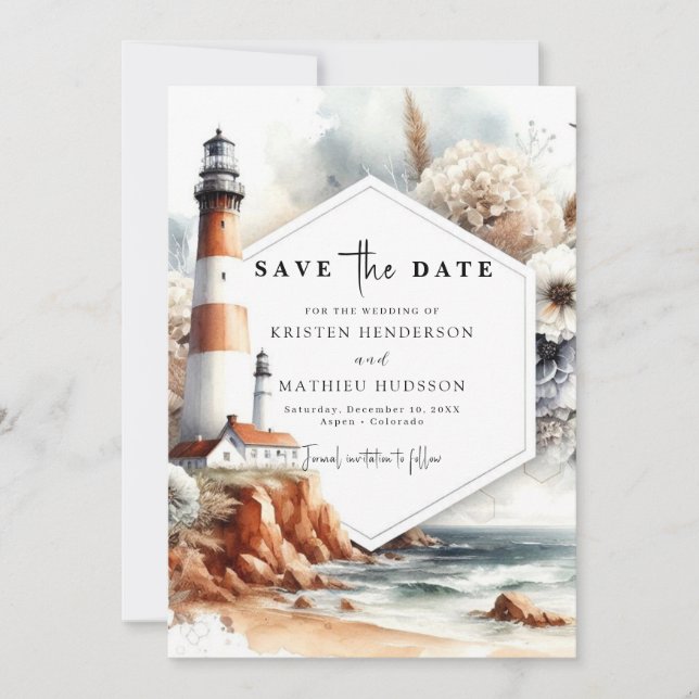 Save The Date Élégant unique Waves Lighthouse Mariage (Devant)