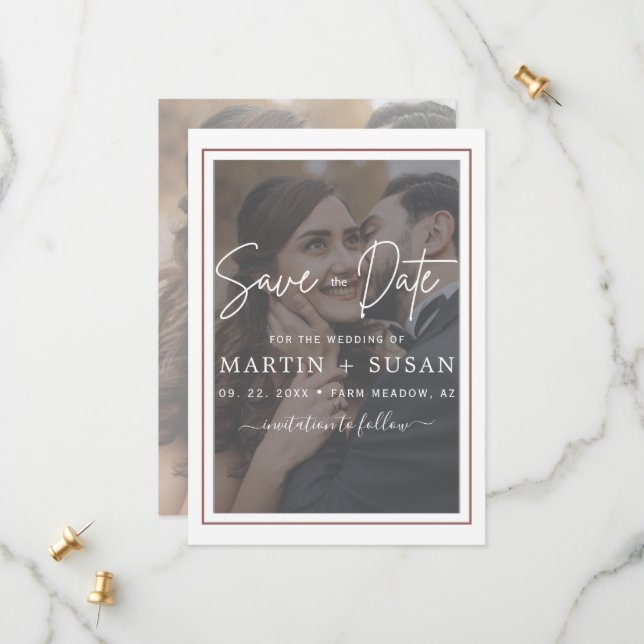 Save The Date Élégant Vellum à main Lettré Mariage photo superpo (Devant/Arrière en situation)