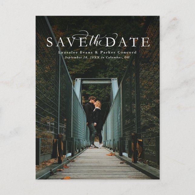 Save the date elegant vertical photo postcard (Front)