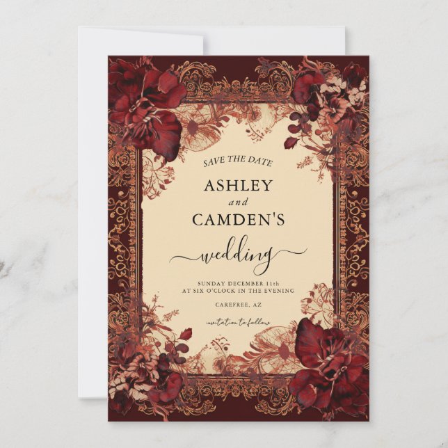 Save The Date Elegant Victorian Red Gold Wedding (Devant)