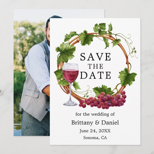 Save The Date Élégant Vins de raisin Aquarelle Wreath Photo (Devant / Derrière)