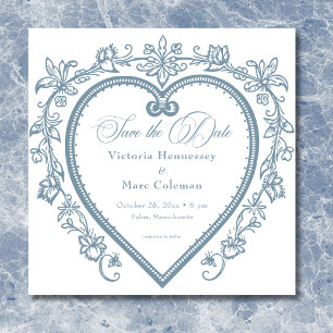 Save The Date Élégant Vintage Chinoiserie Cœur Bleu de Mariage