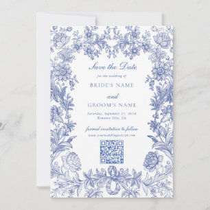Save The Date Élégant Vintage Rustique Français Bleu Mariage Flo