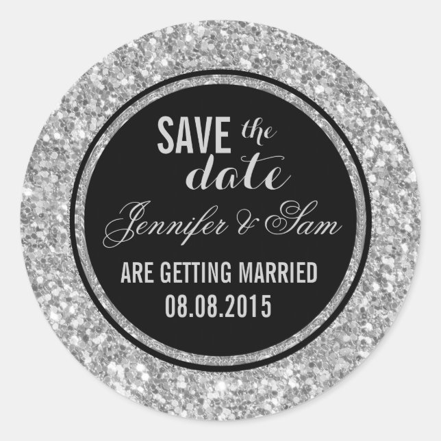 Save The Date-Elegant White And Grey Glitter Classic Round Sticker (Front)