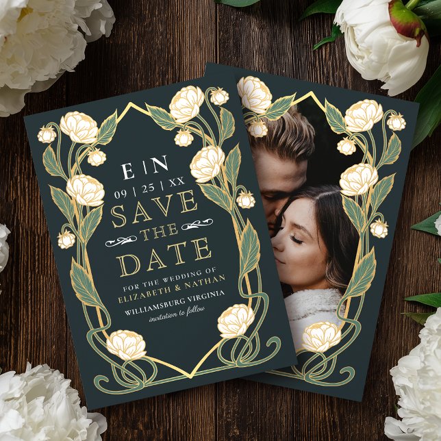 Save The Date Elegant White Peony Art Nouveau Wedding Photo (Créateur téléchargé)