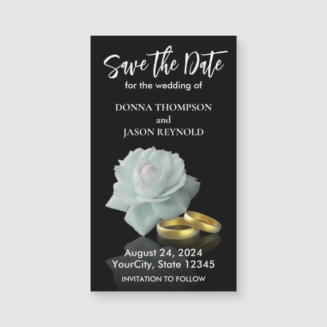 Save the Date Elegant White Rose Gold Rings Script (Front)