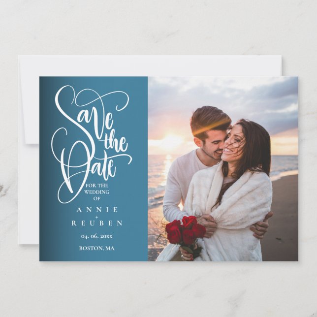 Save the Date Elegant White Script Modern Photo Invitation (Front)
