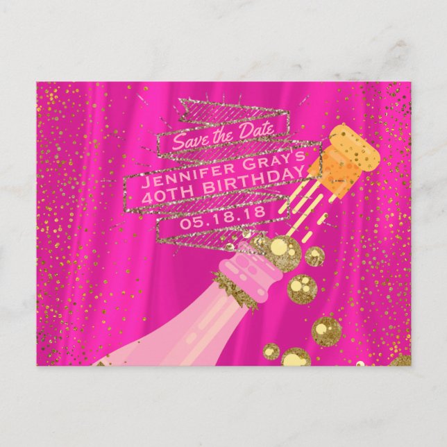 Save the Date Elegant Woman's Champagne Birthday Announcement Postcard (Front)