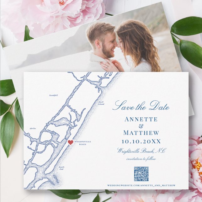 Save The Date Elegant Wrightsville Beach Code QR Mariage (Elegant Wrightsville Beach NC Save the Date with QR code and engagement photo and navy blue map)