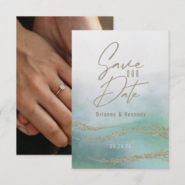Save The Date Elégante aquarelle Aqua Ocean & Gold Enregistrer l (Devant / Derrière)
