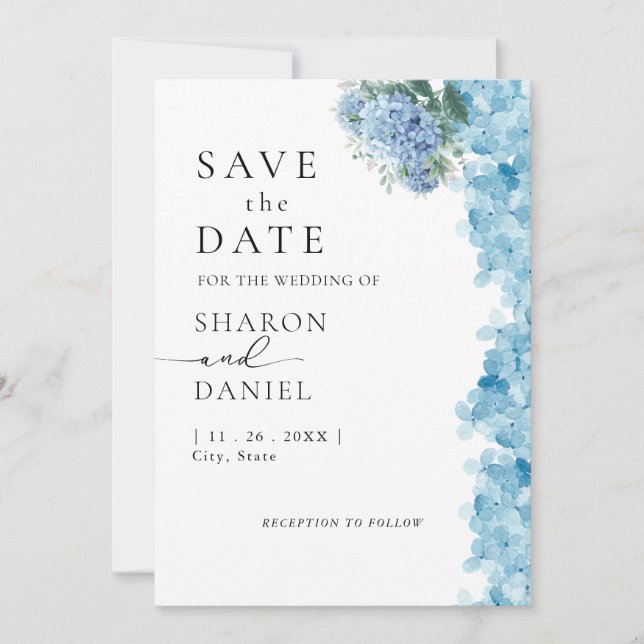 Save The Date Elégante aquarelle bleu Hydrangea (Devant)