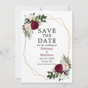 Save The Date Elégante aquarelle Bourgogne blanc Floral Cadre Ge