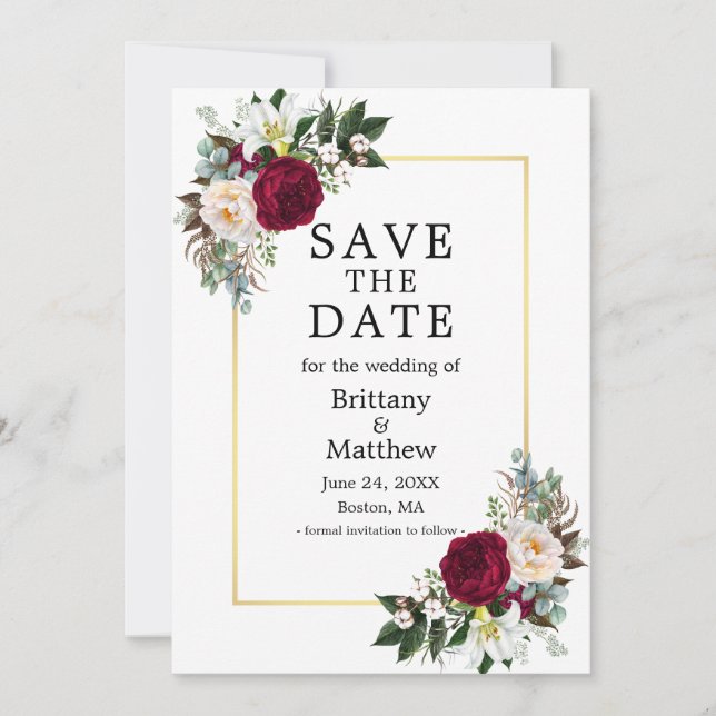 Save The Date Elégante aquarelle Bourgogne Blanc Floral Or (Devant)