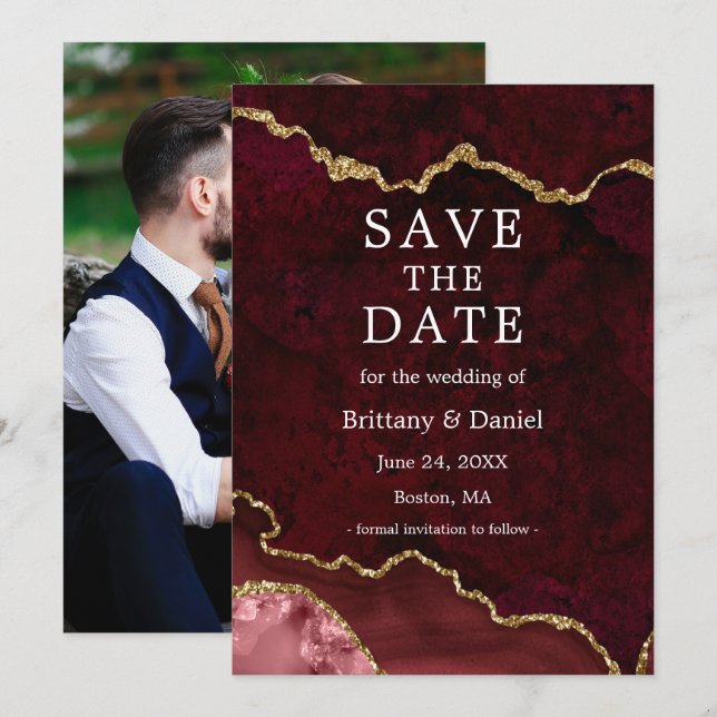 Save The Date Elégante aquarelle Burgundy Marble Geode Photo (Devant / Derrière)