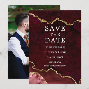 Save The Date Elégante aquarelle Burgundy Marble Geode Photo