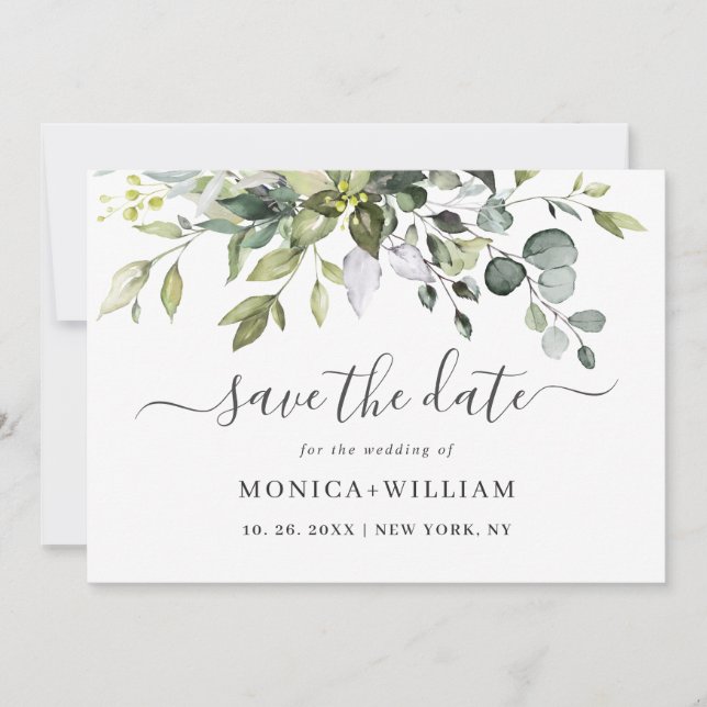 Save The Date Elégante aquarelle Eucalyptus Mariage de verdure (Devant)