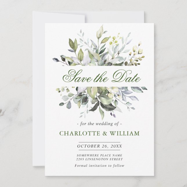 Save The Date Elégante aquarelle Eucalyptus Mariage vert (Devant)