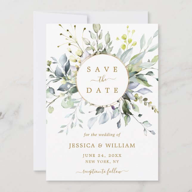 Save The Date Elégante aquarelle Eucalyptus Mariage vert (Devant)