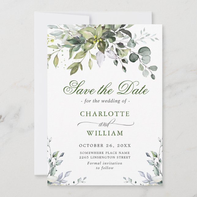 Save The Date Elégante aquarelle Eucalyptus Mariage vert (Devant)