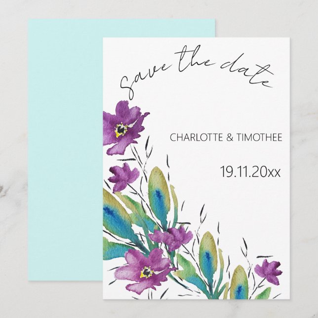Save The Date Elégante aquarelle florale bohème peinte à la main (Devant / Derrière)