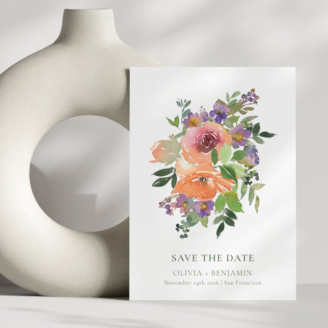 Save The Date Elégante Aquarelle Jardin Floral Violet Orange (Créateur téléchargé)