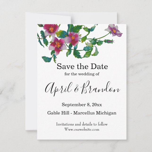 Save The Date Elégante aquarelle moderne fleur sauvage rose fonc (Devant)