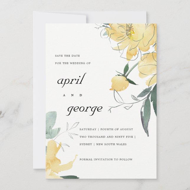 Save The Date Elégante aquarelle moderne jaune vert floral (Devant)