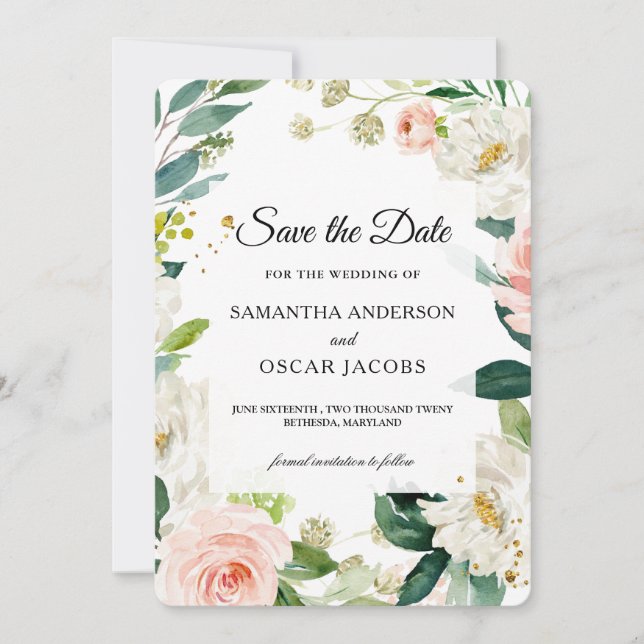 Save The Date Elégante aquarelle rose pâle Cadre Floral (Devant)