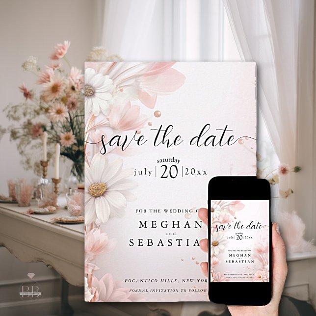 Save The Date Elégante aquarelle rose pâle marguerites (Créateur téléchargé)