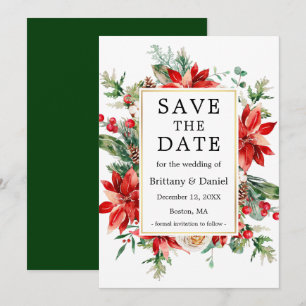 Save The Date Elégante aquarelle Rouge Poinsététie Vert Floral