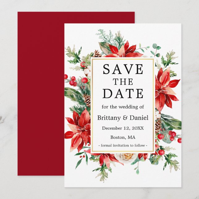 Save The Date Elégante aquarelle Rouge Poinsettia Flore Verdure (Devant / Derrière)