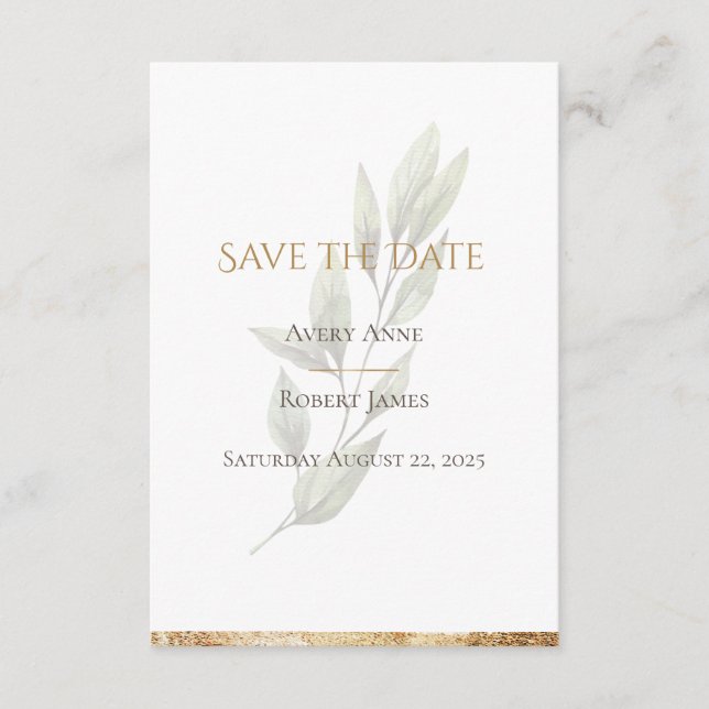 Save The Date Elégante aquarelle simple or vert moderne (Devant)
