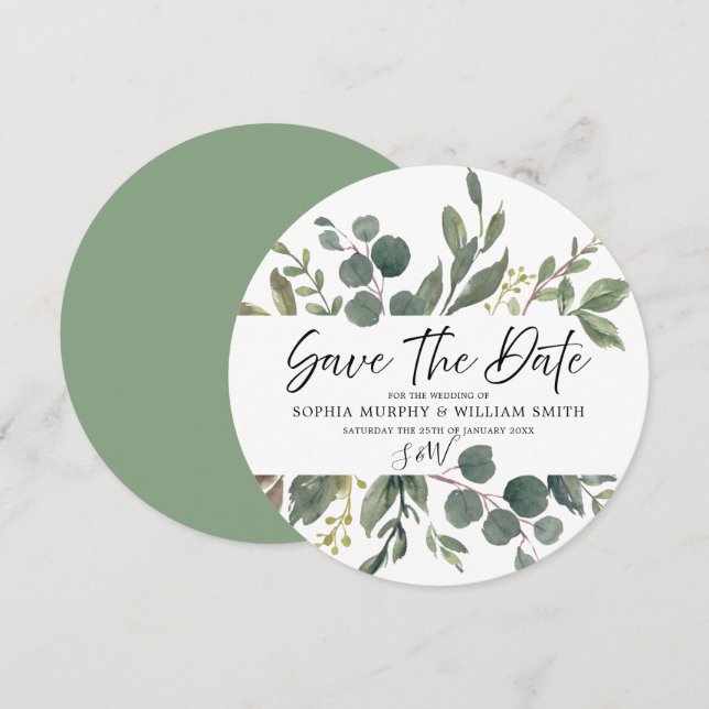 Save The Date Elégante aquarelle verte Feuille Mariage verte (Devant / Derrière)